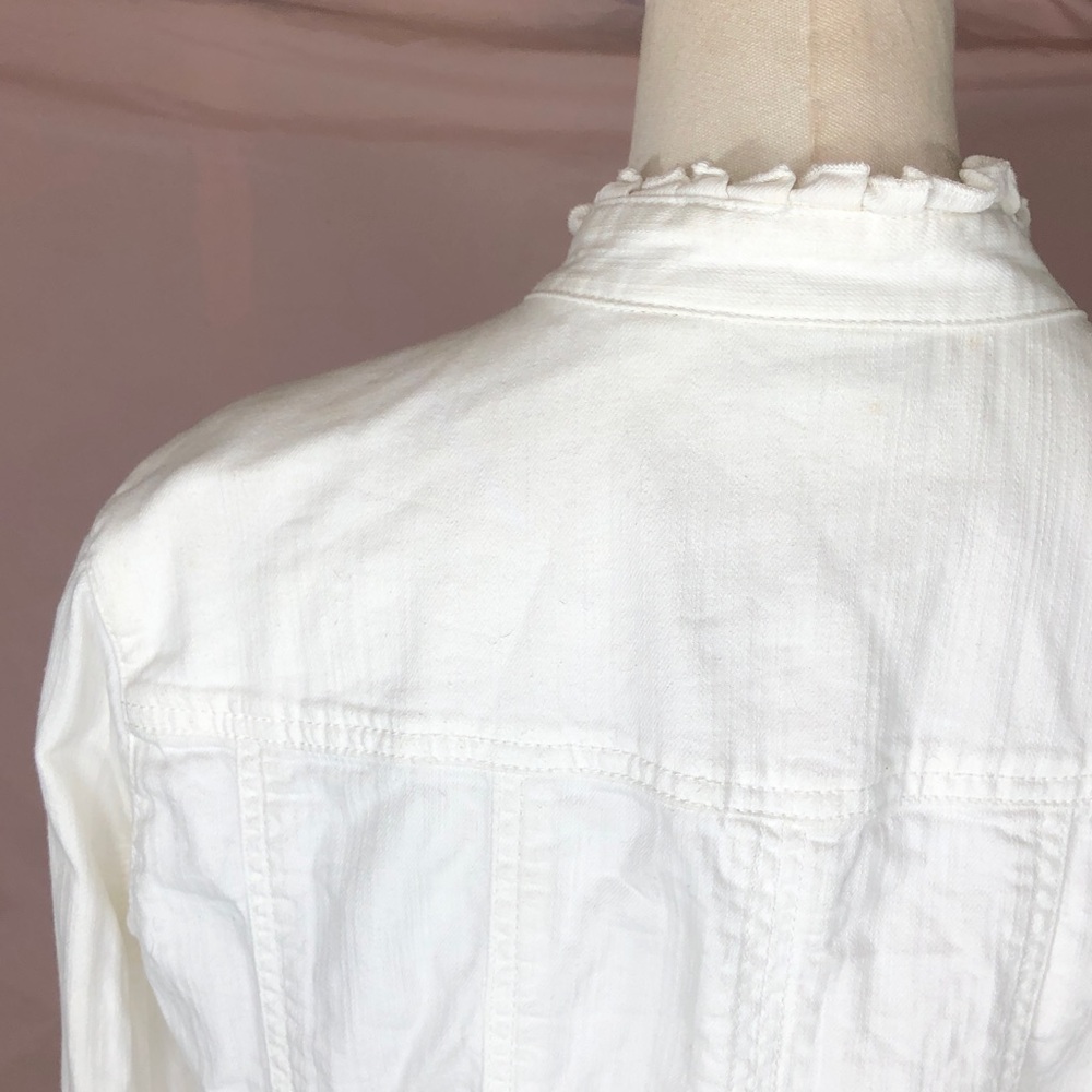 Cotton Women's Ruffle-Trim White Jean Jacket Size Large Spring Summer - Picture 9 of 14
